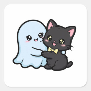 Pegatina Cuadrada Dulce Fantasma y Gato Negro Halloween Kawaii