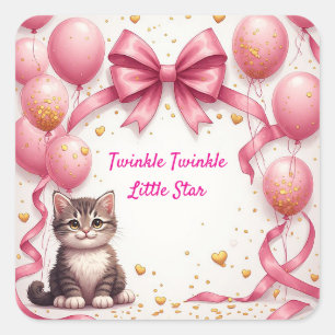 Pegatina Cuadrada Dulce Fiesta de Baby Shower de Gatito 🎀