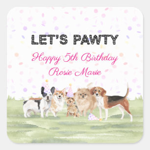 Pegatina Cuadrada Dulce Fiesta de Cumpleaños de Perro Rosa Personali
