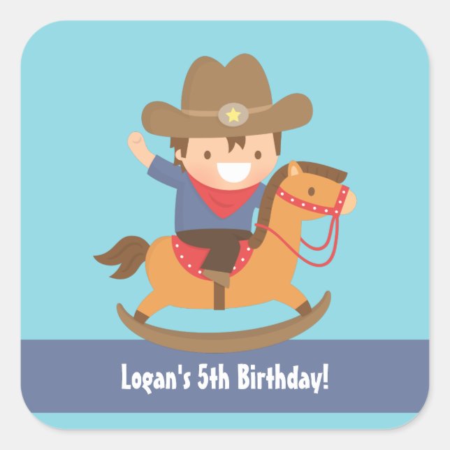 Pegatina Cuadrada Dulce fiesta de cumpleaños de vaquero occidental p (Anverso)