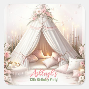 Pegatina Cuadrada Dulce Fiesta Pajama Girly Sleepover Cumpleaños