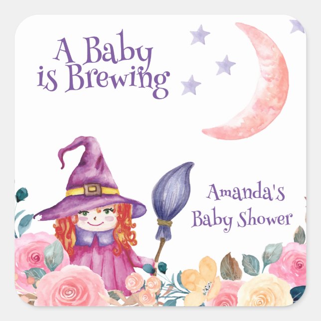 Pegatina Cuadrada Dulce Flower Witch Cauldron Baby Brewing Shower (Anverso)