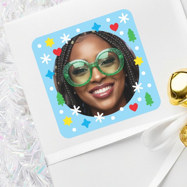 Pegatina Cuadrada Dulce Foto Personalizada de Navidad Retro Azul de  (Subido por el creador)