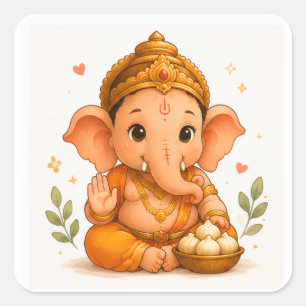 Pegatina Cuadrada Dulce Ganesha con Modak Ganesh Chaturthi