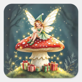 Pegatina Cuadrada Dulce Hada de Navidad en un Hongo