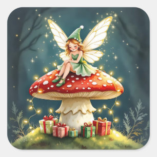Pegatina Cuadrada Dulce Hada de Navidad en un Hongo