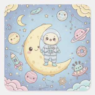 Pegatina Cuadrada Dulce Kawaii Espacio - Astronauta y Luna Sonriente