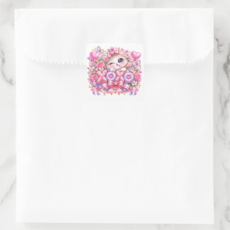 Pegatina Cuadrada Dulce Kawaii XOXO Gato Rosa Pastel Romántico Amor