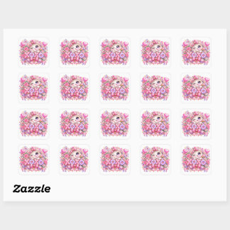 Pegatina Cuadrada Dulce Kawaii XOXO Gato Rosa Pastel Romántico Amor