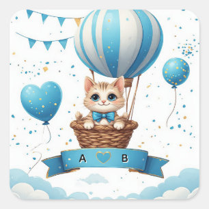Pegatina Cuadrada Dulce Kitten Globo Baby Shower 🐱