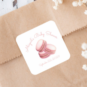 Pegatina Cuadrada Dulce Macaron Galleta Rosa Baby Shower Niña