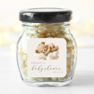 Pegatina Cuadrada Dulce Oso de Peluche en Acuarela para Baby Shower