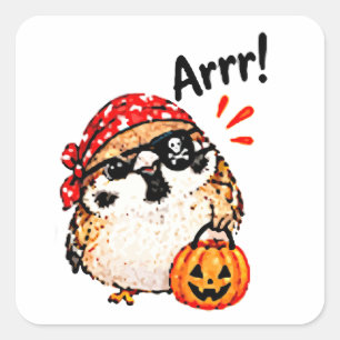 Pegatina Cuadrada Dulce Pájaro Gorrión Chibi Pirata de Halloween Div