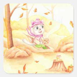 Pegatina Cuadrada Dulce paseo otoñal por el bosque