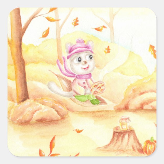 Pegatina Cuadrada Dulce paseo otoñal por el bosque (Anverso)