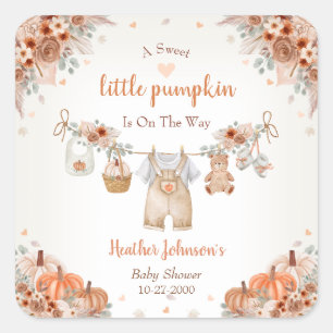 Pegatina Cuadrada Dulce Pequeña Calabaza Baby Shower de Otoño