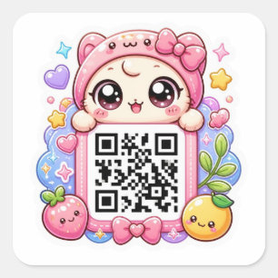 Pegatina Cuadrada Dulce Personaje de Código QR Rosa Kawaii Floral Pa