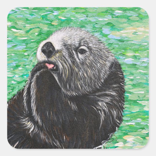 Pegatina Cuadrada Dulce Pintura de Nutria Marina Pequeña (Anverso)