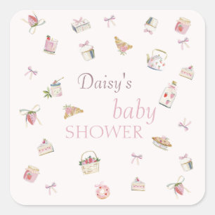 Pegatina Cuadrada Dulce Postre de Fresa Baby Shower Acuarela
