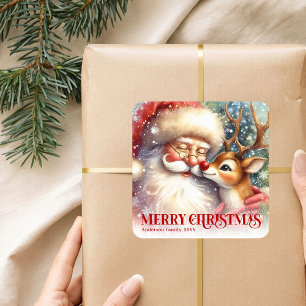 Pegatina Cuadrada Dulce regalo de Navidad personalizado Santa Rudolp
