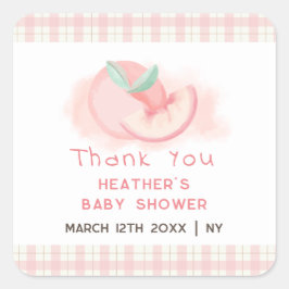 Pegatina Cuadrada Dulce Rosa Gingham Peach Baby Shower Gracias