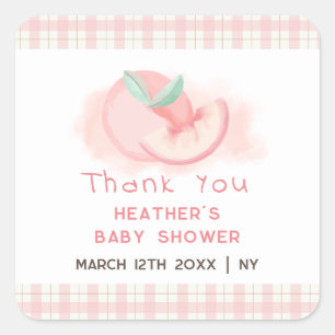 Pegatina Cuadrada Dulce Rosa Gingham Peach Baby Shower Gracias