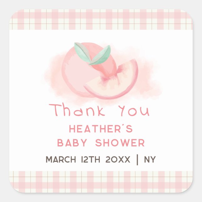 Pegatina Cuadrada Dulce Rosa Gingham Peach Baby Shower Gracias (Anverso)