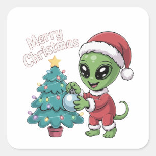 Pegatina Cuadrada Dulce Santa Claus Alien Divertido Navidad Fiesta