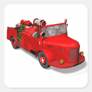 Pegatina Cuadrada Dulce Santa Claus en camión de bomberos