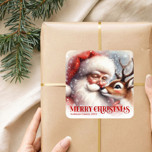 Pegatina Cuadrada Dulce Santa Personalizado Rudolph Feliz Fiesta Adh