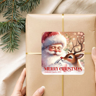 Pegatina Cuadrada Dulce Santa Personalizado Rudolph Fiesta Invernal