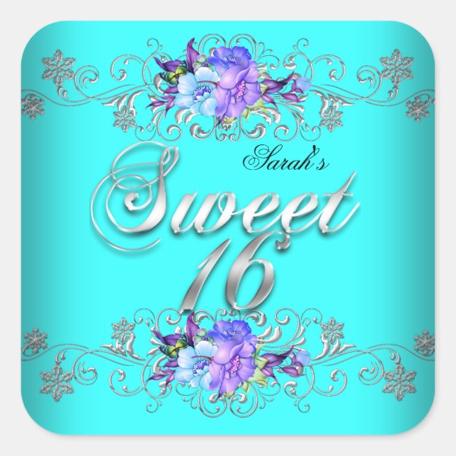 Pegatina Cuadrada Dulces 16 Flores Purpura Teal (Anverso)