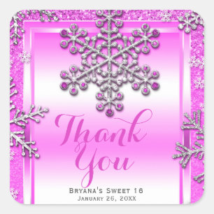 Pegatina Cuadrada Dulces 16 Parte Rosa Brillo Glamour Copos de Nieve