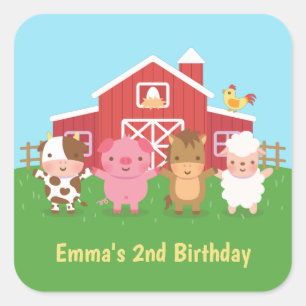 Pegatina Cuadrada Dulces Animales de Granja Cumpleaños de Niños