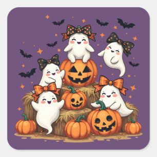 Pegatina Cuadrada Dulces Fantasmas de Halloween con Lazos Coquette y