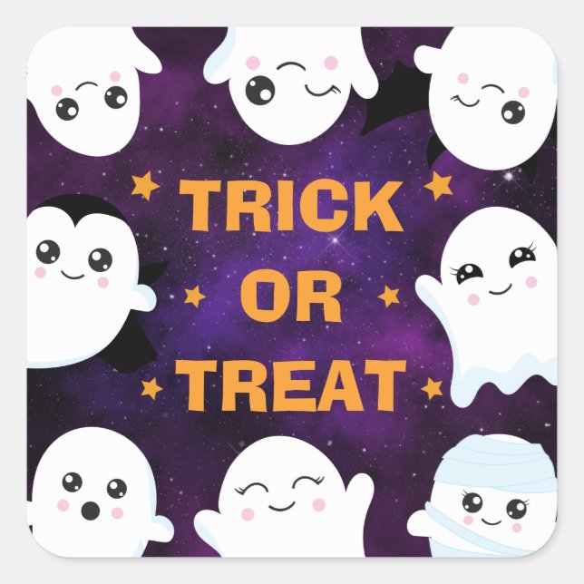 Pegatina Cuadrada Dulces fantasmas de Halloween para pedir dulces o  (Anverso)