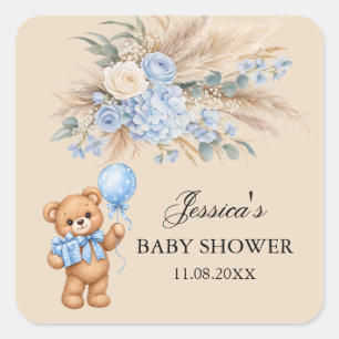 Pegatina Cuadrada Dulces Rosas de Pampas Oso de Peluche Baby Shower