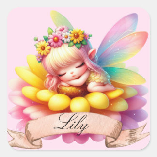 Pegatina Cuadrada Dulces sueños de hada durmiendo linda y caprichosa