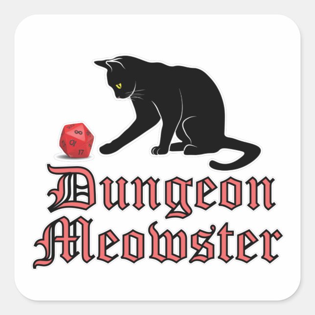 Pegatina Cuadrada Dungeon Meowster Funny RPG Cat con dados (Anverso)