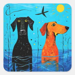 Pegatina Cuadrada "Dúo acuático de alegría" - Perros surrealistas co