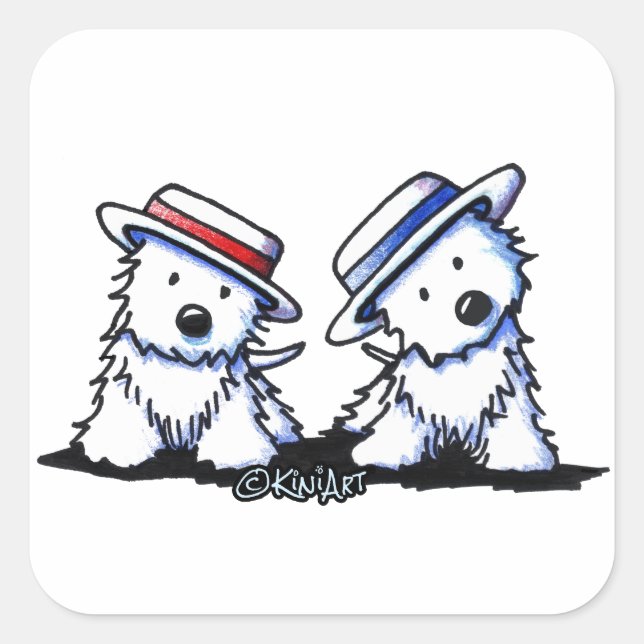 Pegatina Cuadrada Dúo de baile de KiniArt Westie (Anverso)