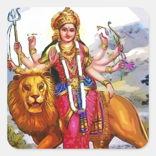Pegatina Cuadrada Durga, diosa con pintura de leones