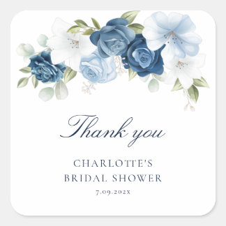 Pegatina Cuadrada Duste Blue Floral Bridal Shower