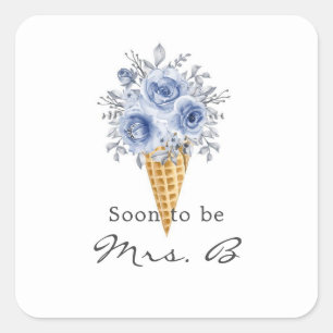 Pegatina Cuadrada Duste Blue Peony Ice Cream Cone Bridal Shower