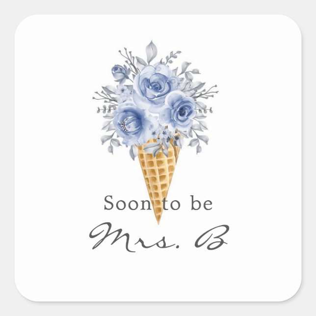 Pegatina Cuadrada Duste Blue Peony Ice Cream Cone Bridal Shower (Anverso)