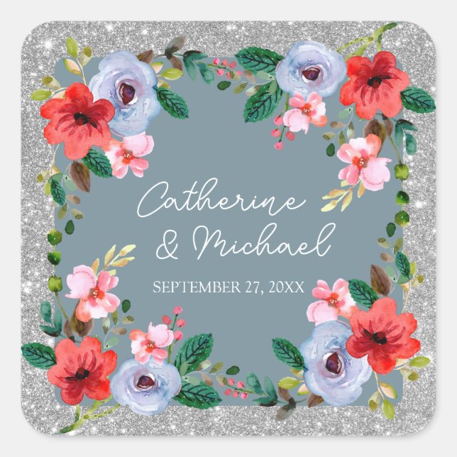 Pegatina Cuadrada Duste Blue Silver Purpurina Floral acuarela (Anverso)