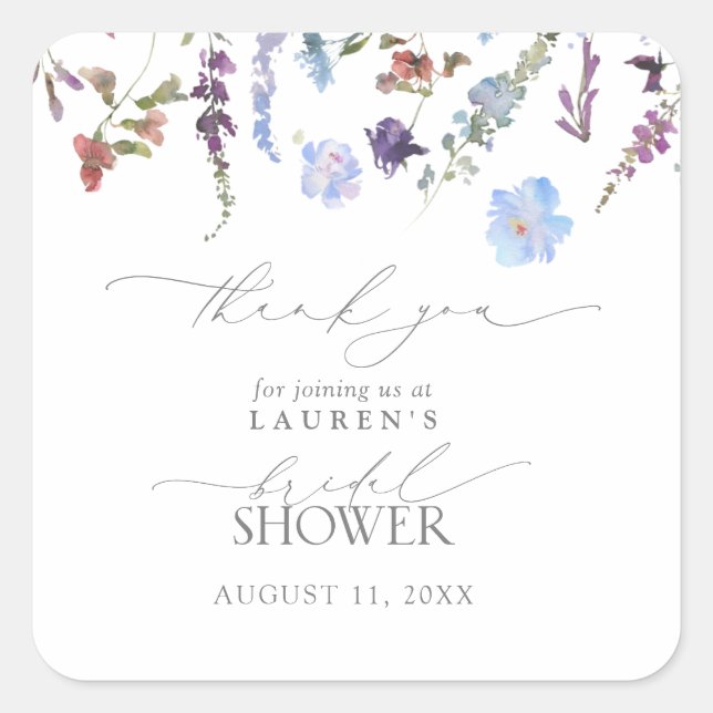 Pegatina Cuadrada Duste Blue Wildflower Bridal Shower (Anverso)