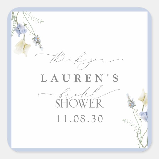 Pegatina Cuadrada Duste Blue Wildflower Bridal Shower (Anverso)