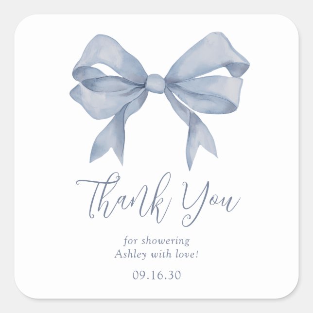 Pegatina Cuadrada Dusty Blue Bow Boy Baby Shower Gracias (Anverso)