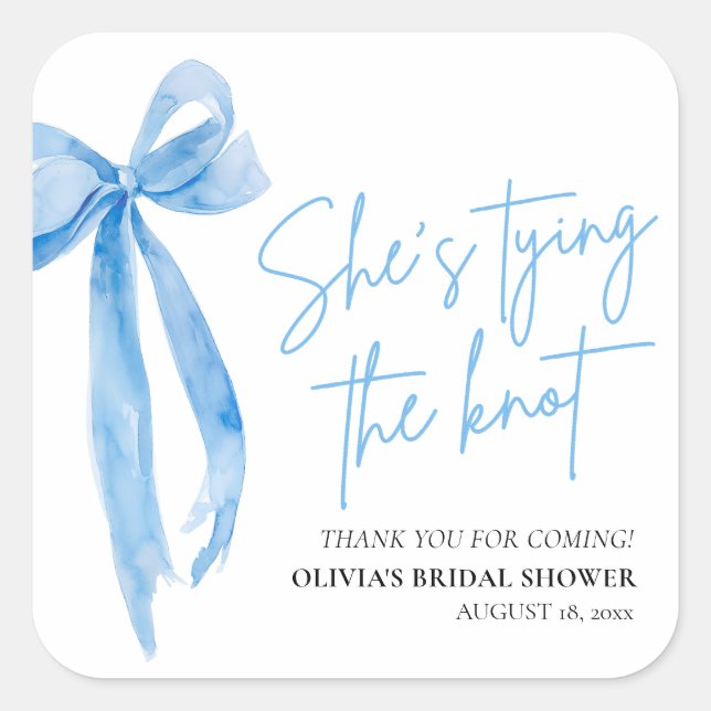 Pegatina Cuadrada Dusty Blue Bow está atando la ducha nupcial (Anverso)